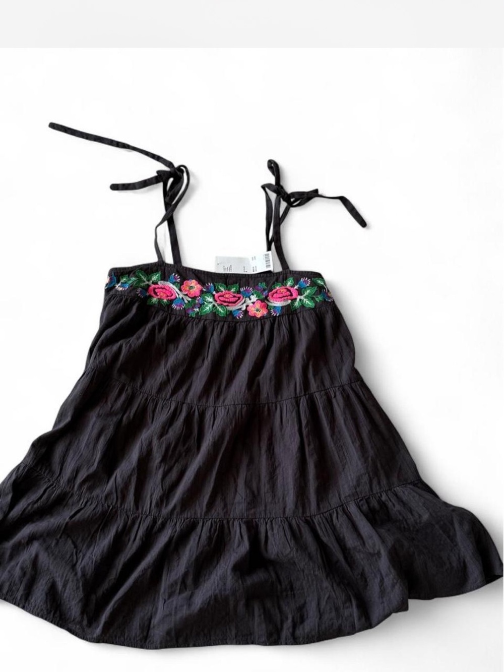 Urban Outfitters Black Tie-Shoulder Dress with Pink Floral Embroidery